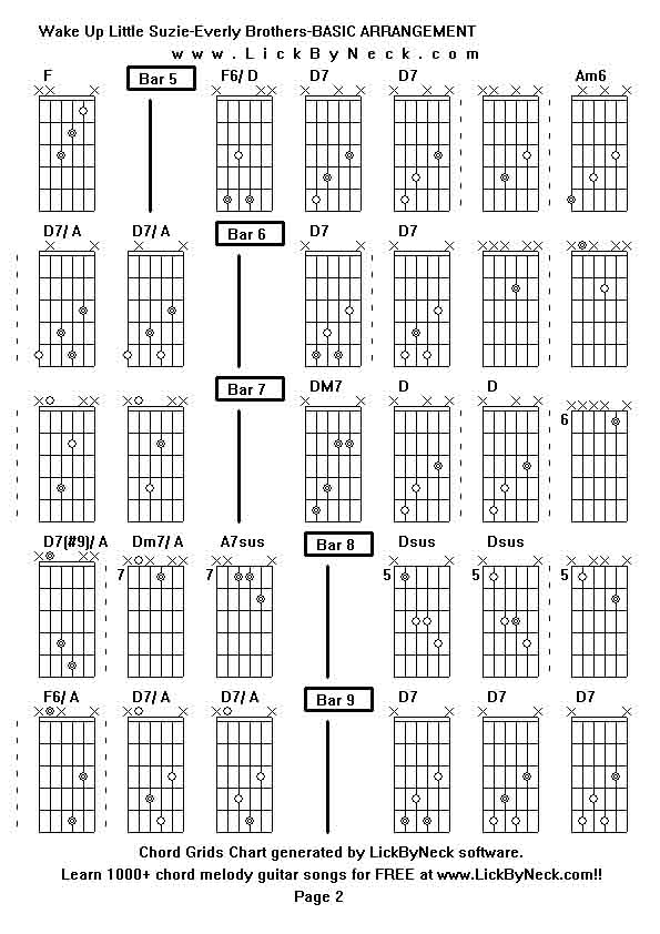 Chord Grids Chart of chord melody fingerstyle guitar song-Wake Up Little Suzie-Everly Brothers-BASIC ARRANGEMENT,generated by LickByNeck software.